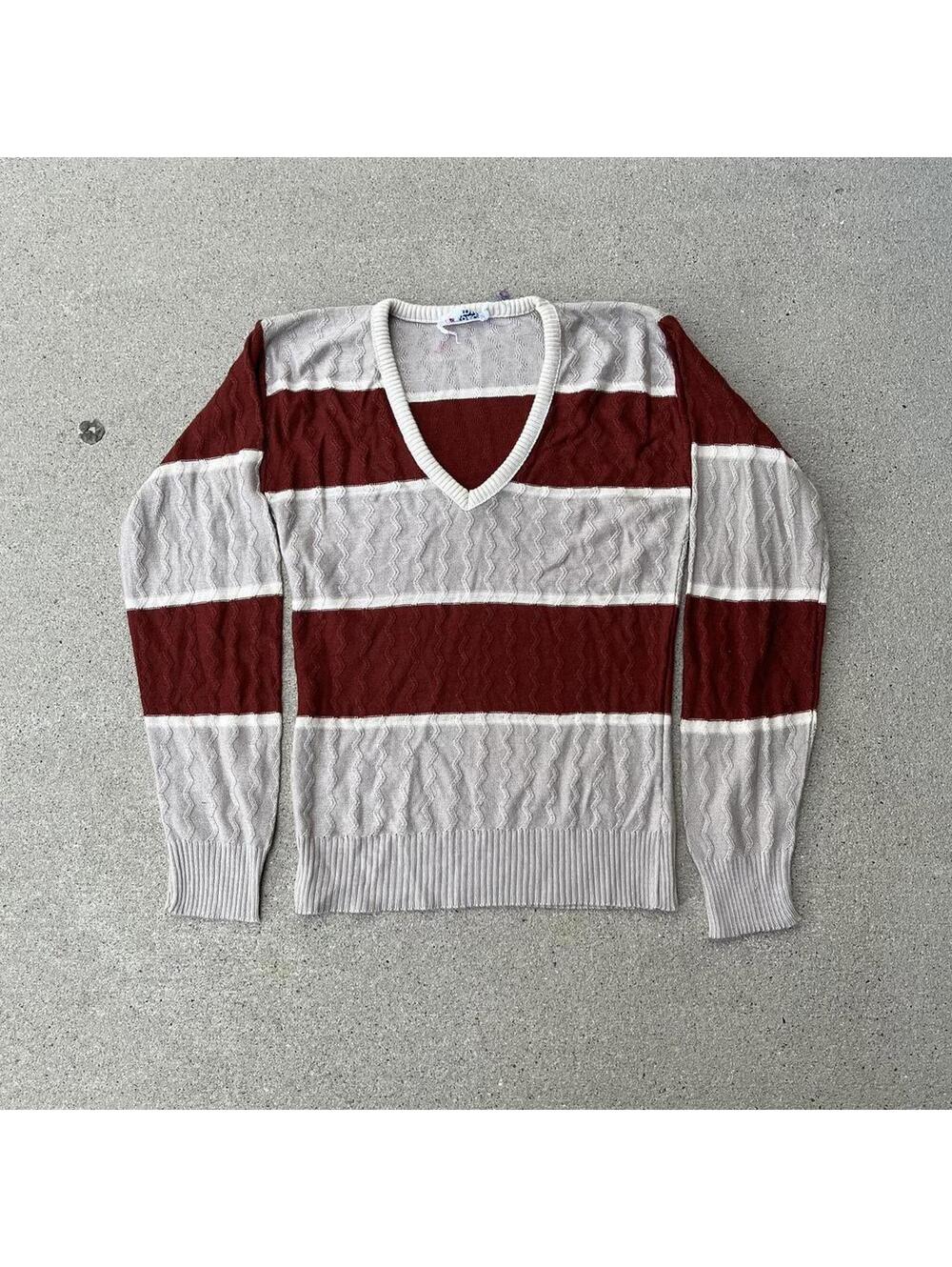 Vintage 70s v-neck light brown khaki red striped Longsleeve shirt